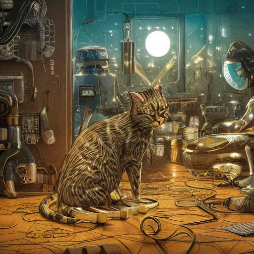 Image similar to gold and silver tones, cybernetic cat village, style of moebius, james jean, rutkowski, cinematic, high detail, award winning, 8 k photorealistic