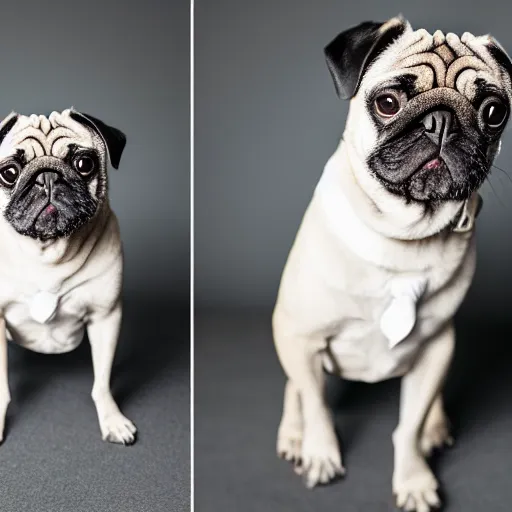 Image similar to pug in a suit, studio photography, canon r 6, cinematic light