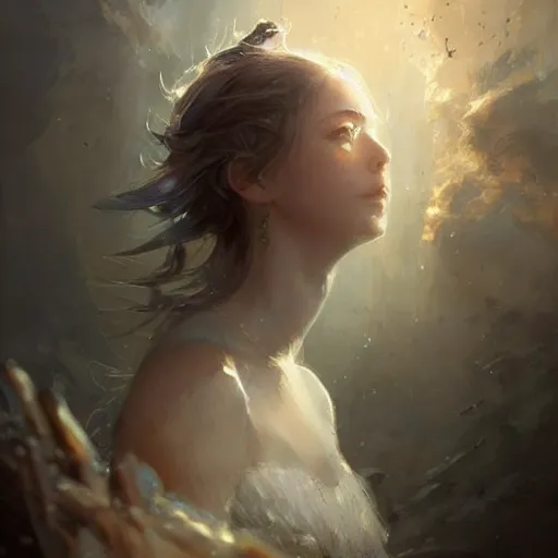 Image similar to a portrait of a beautiful hopeful lady with pretty eyes, beautiful eyes, looking up onto the sky, light smiling, art of wlop and greg rutkowski, intricate, high details, epic fantasy art, bright light masterpiece, ray of light through white hair