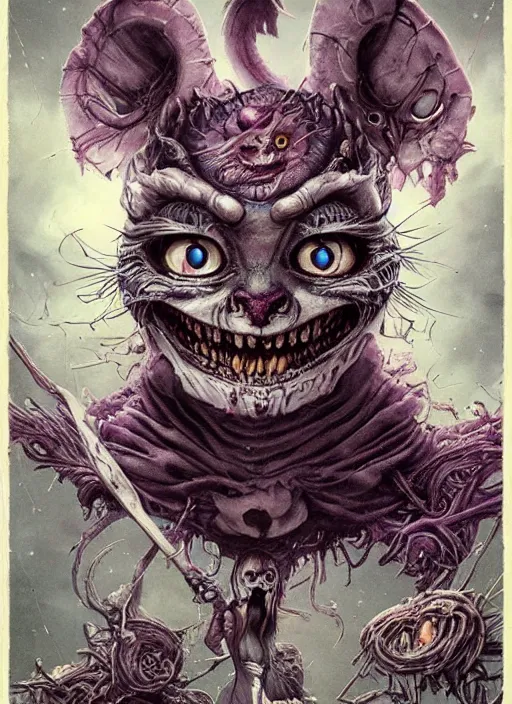 Prompt: Crazy Cheshire Cat,Death Tarot card,highly detailed,half skull face,cinematic,8k,by Stanley Artgermm,Beksinski,Tom Bagshaw,Greg Rutkowski,Carne Griffiths, Ayami Kojima, Giger,trending on DeviantArt,hyper detailed,horror, full of colour