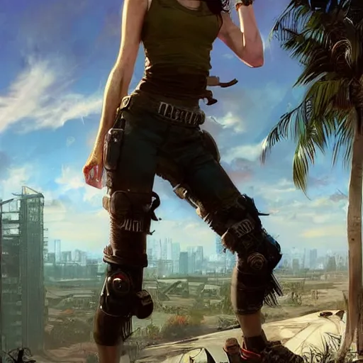 Prompt: fallout 5 miami, charismatic beautiful rugged brunette female protagonist, portrait, outdoors tropical cityscape, atmospheric lighting, painted, intricate, volumetric lighting, beautiful, daytime, sunny weather, few clouds, sharp focus, deep colours, ultra detailed, art by krenz cushart and wenjun lin