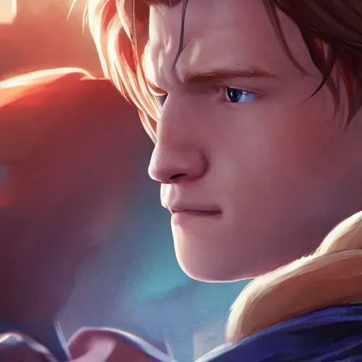 Image similar to Link The movie,live action,played by Tom Holland, blonde hair,detailed 8k,in the style of a movie poster,close up,by rossdraws and greg rutkowski