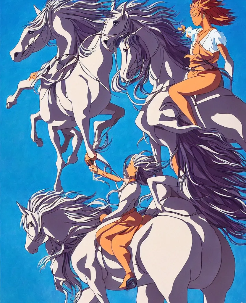 Image similar to beautiful painting from the anime film by studio ghibli, Beyoncé in a crystal outfit riding a diamond horse, painting by MC Escher, trending on artstation