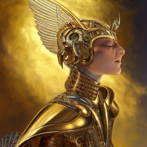 Prompt: a beautiful angel with a golden helmet wearing a silver armor with golden ornaments and diamonds jewelry, wings by alex gray and android jones, karol bak, ayami kojima, amano, concept art, character design, fantasy, 3 d, 8 k resolution