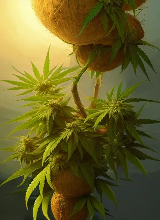 Prompt: a cannabis plant with coconut fruits, rim light, midsommar style, extremely detailed, masterpiece, artstation, cinematic lighting, photographic, by greg rutkowski and wolp