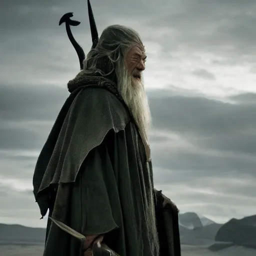 Image similar to distant landscape photo of the evil ian mckellen as gandalf in a dark viking hood playing odin all father from the thor movie crafting a neural network with synapses on am anvil, highly detailed, cinematic shot, cinematic lighting, 8 k, exquisit facial detail