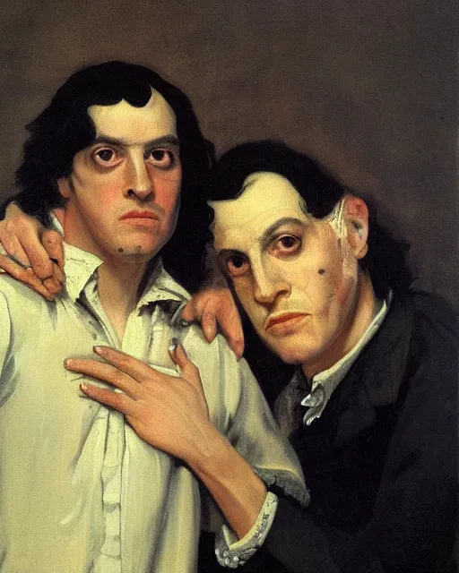 Prompt: a baroque painting of two beautiful but sinister men wearing oxford shirts in layers of fear, with haunted eyes and dark hair, 1 9 7 0 s, seventies, wallpaper, a little blood, moonlight showing injuries, delicate embellishments, painterly, offset printing technique, by brom, robert henri, walter popp