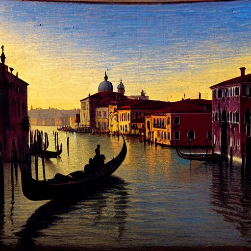 Image similar to A beautiful backlight sunset scene of historic Venice with gondola and reflective water in the style of Johannes Vermeer