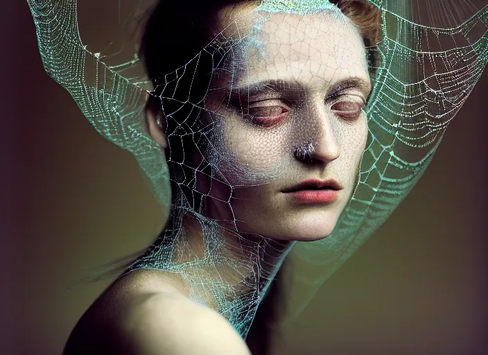 Image similar to Kodak Portra 400, 8K, soft light, volumetric lighting, highly detailed, britt marling style 3/4 , fine art portrait photography of a beautiful woman by Paolo Roversi, face and body merging with luminescent spiderwebs, symbolic metamorphosis complex 3d render , 150 mm lens, art nouveau fashion embroidered,bust with intricate details, elegant, hyper realistic, ultra detailed, octane render, underwater soft colours, emotionally evoking, head in focus, fantasy, elegant, soft blur background light, volumetric lighting, highly detailed, Refined, Highly Detailed, soft lighting colors scheme, fine art photography, Hyper realistic, photo realistic