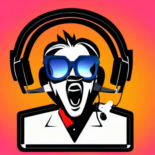 Image similar to svg vector sticker of absolutely insane-mad-scientist-villain, rocking out, wearing headphones, huge speakers, dancing, rave, DJ, spinning records, digital art, amazing composition, rule-of-thirds, award-winning, trending on artstation, featured on deviantart