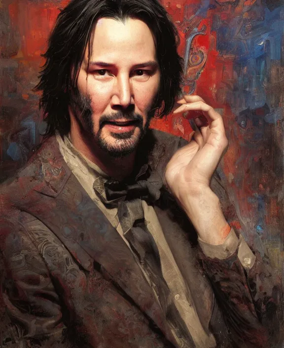 Image similar to portrait of keanu reeves, joyful, highly detailed painting by gaston bussiere, craig mullins, j. c. leyendecker 8 k,