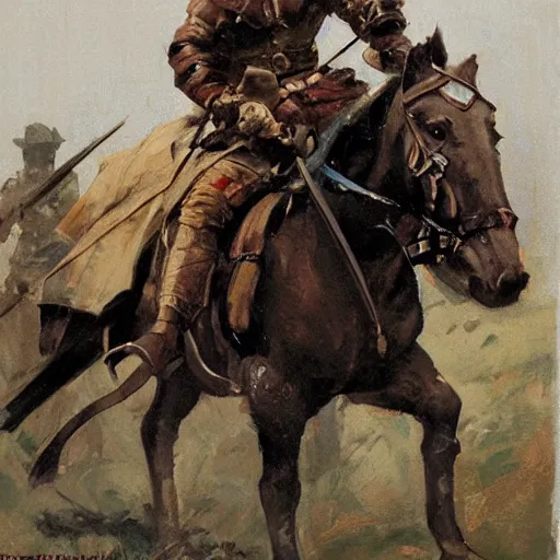 Image similar to portrait of rider wearing gambeson aiming bow, galloping detailed by greg manchess, craig mullins, bernie fuchs, walter everett, low angle