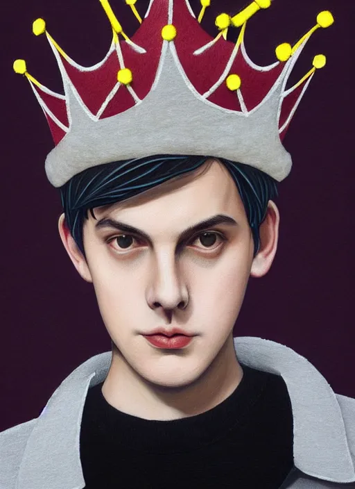 Image similar to portrait of teenage jughead jones wearing a light grey crown, photorealistic, crown made of fabric, crown with pin badges, crown with pins, crown made of felt, black hair, intricate, elegant, highly detailed, digital painting, glowing lights, artstation, concept art, smooth, sharp focus, illustration, art by wlop, mars ravelo and greg rutkowski