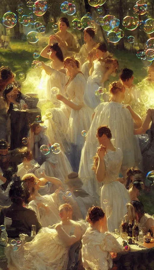 Prompt: painting of midsummer party with bubbles, by Peder Krøyer, dramatic lighting, volumetric lighting, golden hour, epic, intricate detail, canvas print