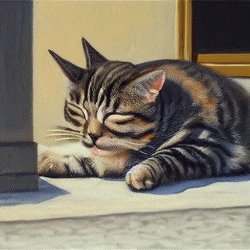 Prompt: a realistic painting of a cat sleeping on a sidewalk at night highly detailed trending on art station