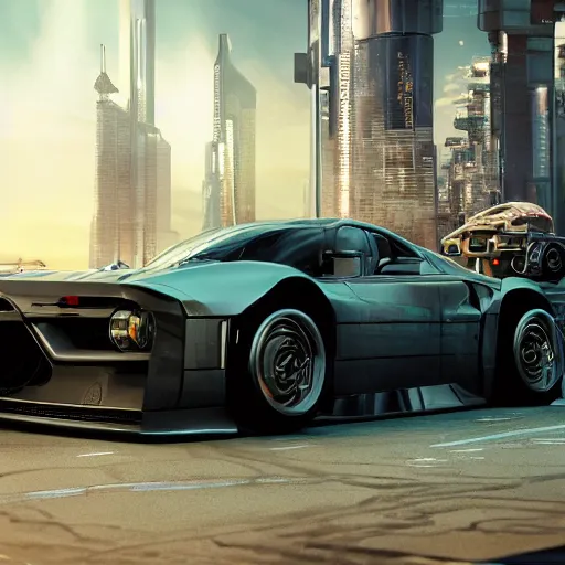 Image similar to shiny car of the future on blocks with wheels removed, high detail, 8 k render, trending on artstation, cyberpunk