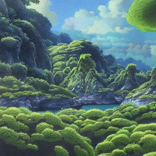 Image similar to detailed painting of a lush natural scene on an alien planet by tojiro oshita. beautiful landscape. weird vegetation. cliffs and water.