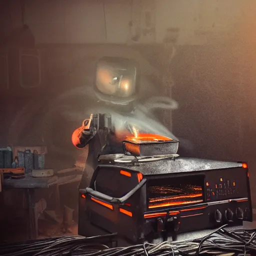 Image similar to cyborg toaster oven repairman, dark messy smoke - filled cluttered workshop, dark, dramatic lighting, orange tint, sparks, plasma rays, cinematic, highly detailed, sci - fi, futuristic, movie still, rule of thirds composition