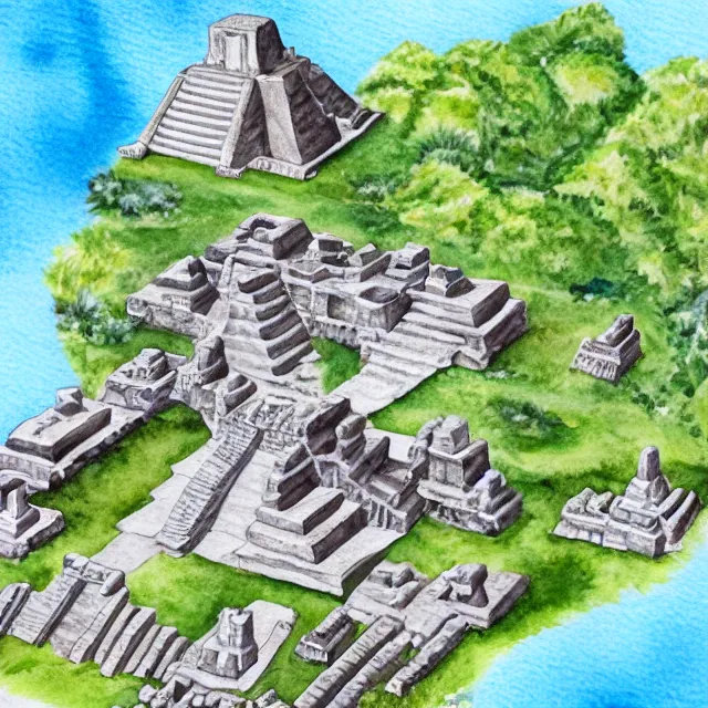 Prompt: a watercolor isometric game map of Tikal, Lost World Pyramid, Tikal Temple IV, Maya Temples