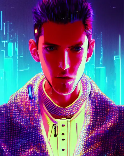 Image similar to detailed portrait of European Pale Blonde hair Stylish Guy Sheen Holographic Jacket coat, Futuristic sci-fi fashion, royal attire Akira, Evangelion, cyberpunk, neotokyo, synthwave, aesthetics, futuristic, low-emission-neon, bladerunner movie scene by ismail inceoglu dragan bibin hans thoma greg rutkowski Alexandros Pyromallis Nekro Rene Margitte illustrated Perfect face, fine details, realistic shaded, fine-face, pretty face sharp chine