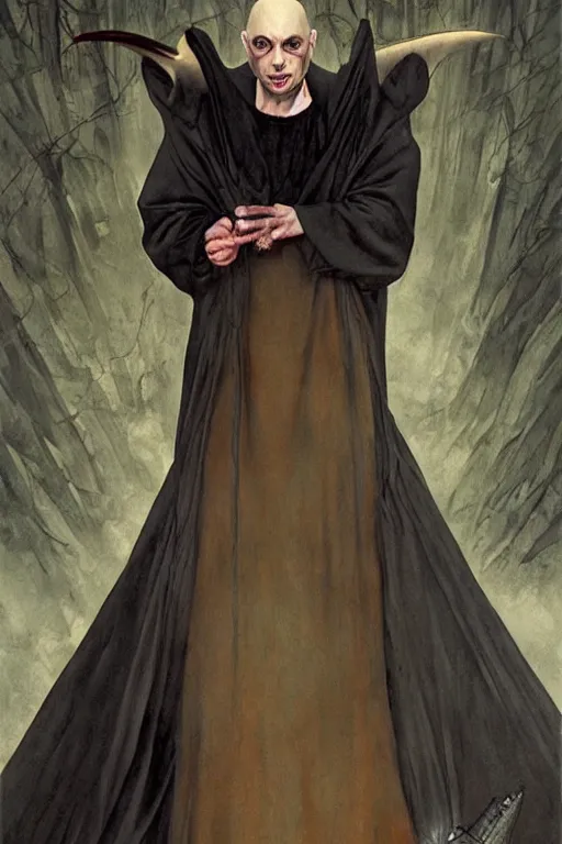 Prompt: a bald vampire wearing a long black robe with large bat ears huge black eyes and gray skin, character art, painting by james c christensen