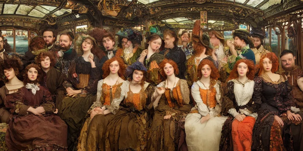 Image similar to detailed colour preraphaelite photograph group portrait of amazingly cool characterful people sat down extreme closeup, in the inside of the beautiful underwater train to atlantis, every face lifelike expressions, crowds of people sat down wearing unusual clothes, by william powell frith, 4 k