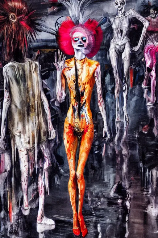 Image similar to crazy fashion catwalk, one model, crazy clothes, biopunk style, horror, hauntingly surreal, highly detailed painting by francis bacon, edward hopper, adrian ghenie, gerhard richter, and james jean soft light 4 k,