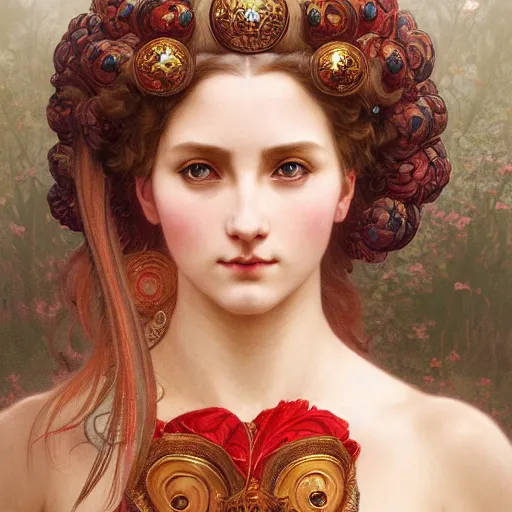 Image similar to portrait of a germanic cloud goddess, with red skin, intricate, elegant, highly detailed, digital painting, artstation, concept art, smooth, sharp focus, illustration, art by artgerm and greg rutkowski and alphonse mucha and william - adolphe bouguereau