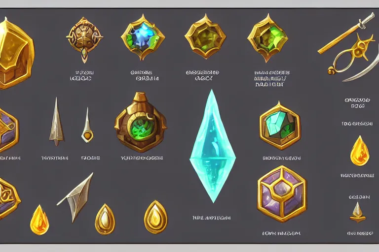 Image similar to design sheet of various alchemist tools, magic gems, props