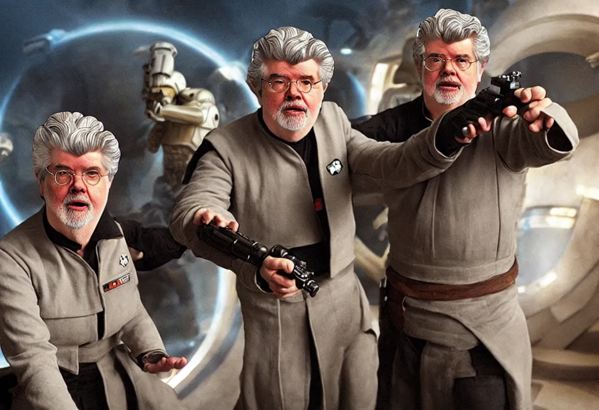 Image similar to “George Lucas stars in his new space opera movie Swiss Cottage, which many claim to be a poor quality knockoff of a Star Wars. HQ movie still. Be creative! I’m counting on you to impress me, Stable Diffusion, don’t let me down with some shonky looking AI bullshit”