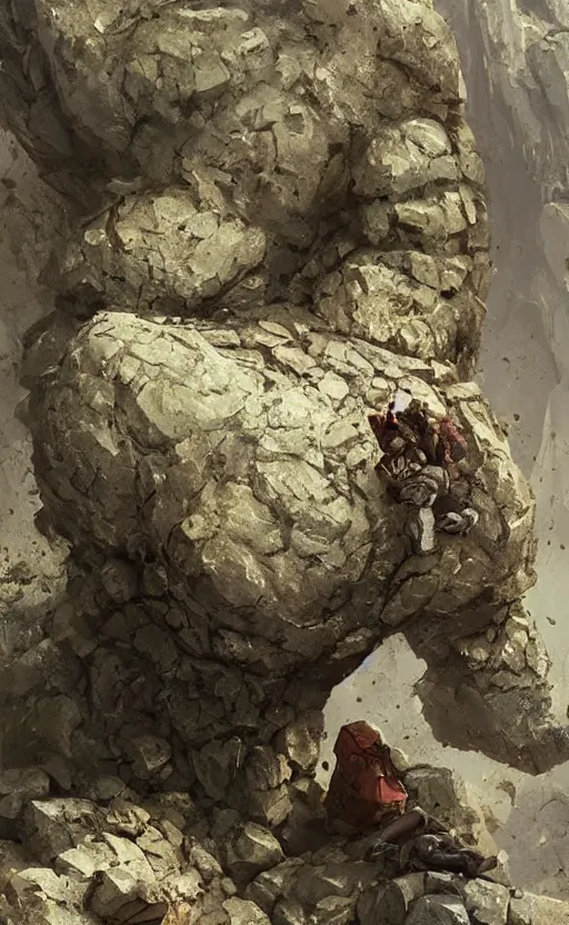 Prompt: a stone golem eating a big rock, greg rutkowski, 8 k, shallow depth of field, intricate detail, concept art,