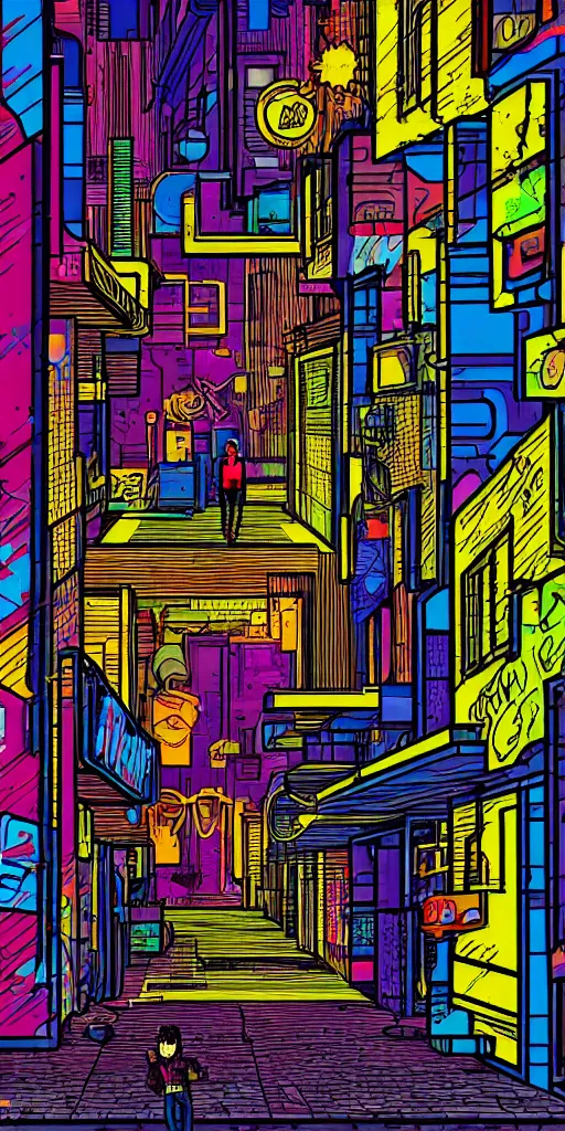 Image similar to person standing in a cyberpunk alley, pop art, markers, rtx, 8 k, ray tracing, highly detailed