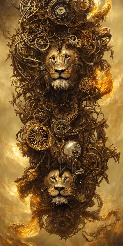 Prompt: a beautiful detailed 3 d matte portrait of a clockwork lion, by ellen jewett, by tomasz alen kopera, by justin gerard, ominous, magical realism, texture, intricate, skull, skeleton, gold coins, money, whirling smoke, alchemist bottles, radiant colors, fantasy, volumetric lighting, high details