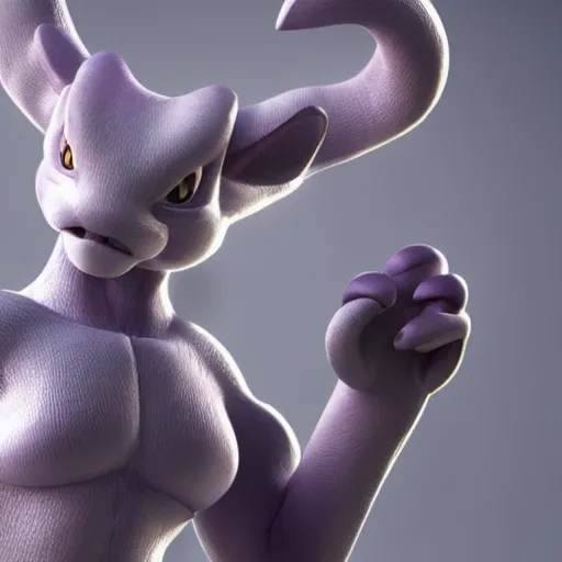 Image similar to mewtwo, photorealistic, high details, 8 k, sharp focus, octane render, volumetric light