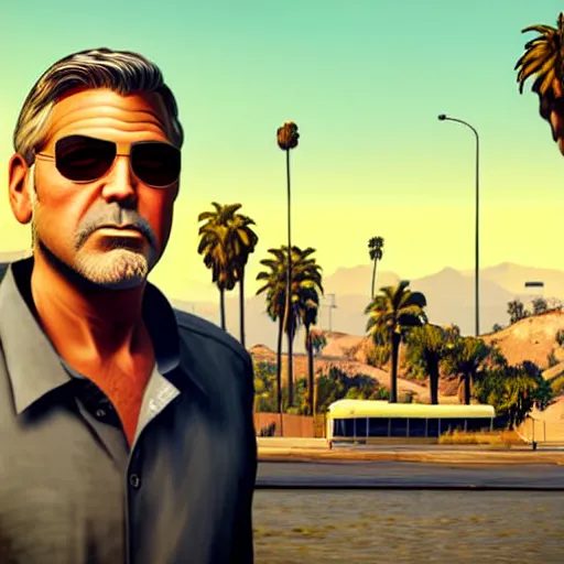 Image similar to george clooney in gta v. los santos in background, palm trees. shallow depth of field in the art style of stephen bliss