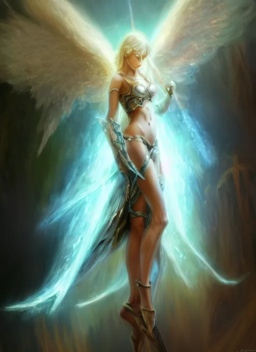 Image similar to concept art, angel knight girl. by artstation trending, by joseph mallord william turner, luis royo, konstantin razumov, cinematic lighting, fractal flame, highly detailed