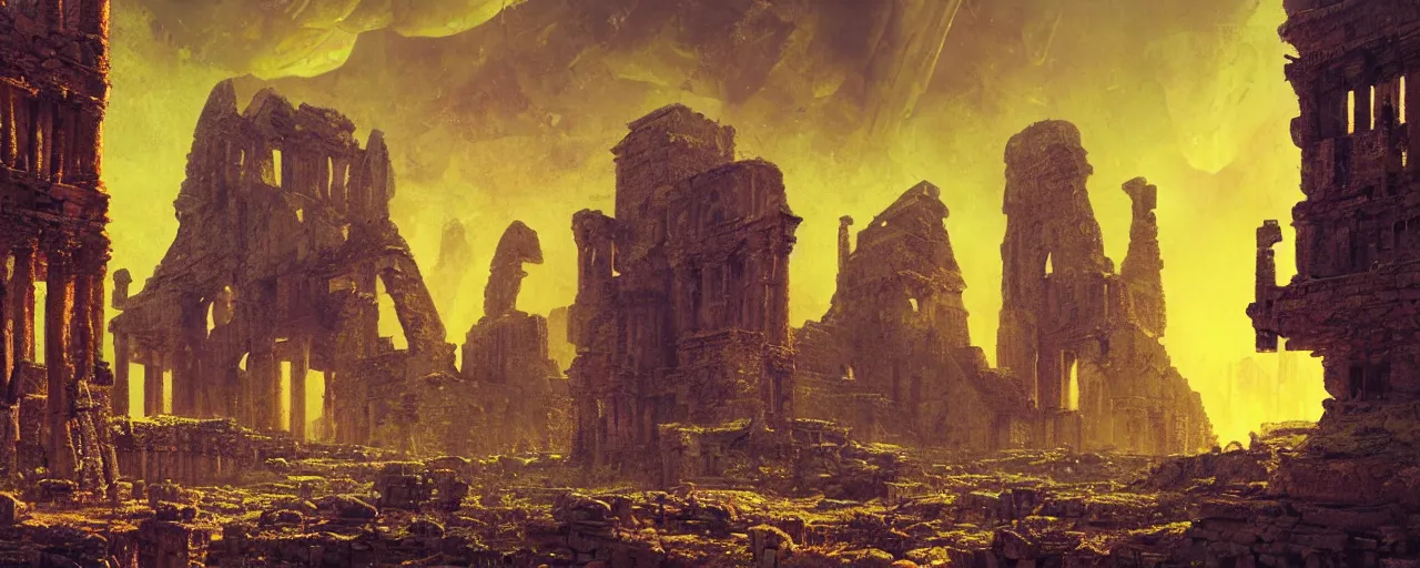 Image similar to ” ancient ruins of an alien cathedral, [ cinematic, detailed, epic, widescreen, opening, establishing, mattepainting, photorealistic, realistic textures, octane render, art by paul lehr ] ”