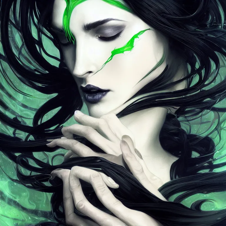 Image similar to Envy is a hue created with swirls of white gouache, mysterious black, and a daub of cold green, intricate, highly detailed, digital painting, artstation, concept art, smooth, sharp focus, illustration, Unreal Engine 5, 8K, art by artgerm and greg rutkowski and alphonse mucha