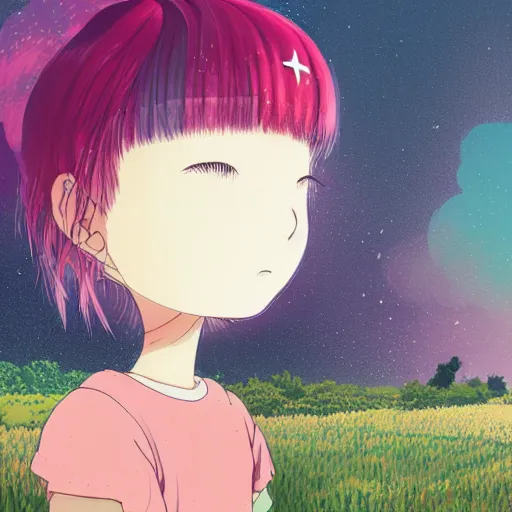 Image similar to a super detailed moe protagonist girl with pink hair in a field by inio asano, beeple and james jean, aya takano color style, 4 k, super detailed, night sky, digital art, digital painting, celestial, majestic, colorful