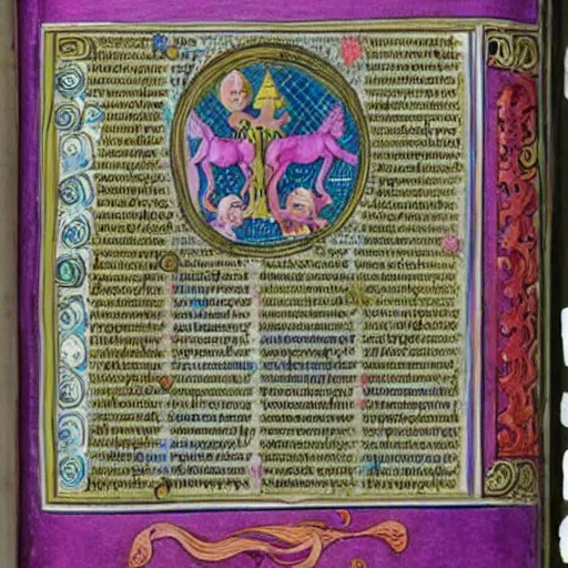 Prompt: richly illuminated manuscript page of the Gospel of the Invisible Pink Unicorn,