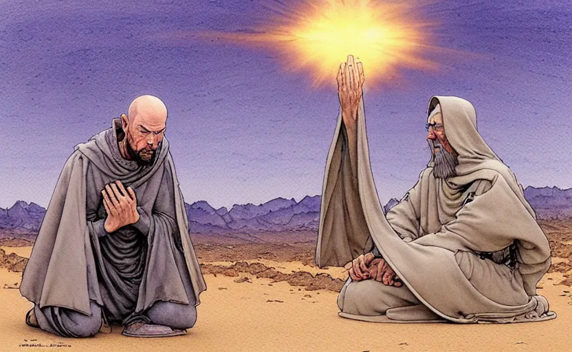 Prompt: a hyperrealist watercolour concept art of a medieval monk in grey robes kneeling in prayer on a desert road. a large steampunk ufo is above them in the sky. by rebecca guay, michael kaluta, charles vess and jean moebius giraud. high detail, hq, wide shot