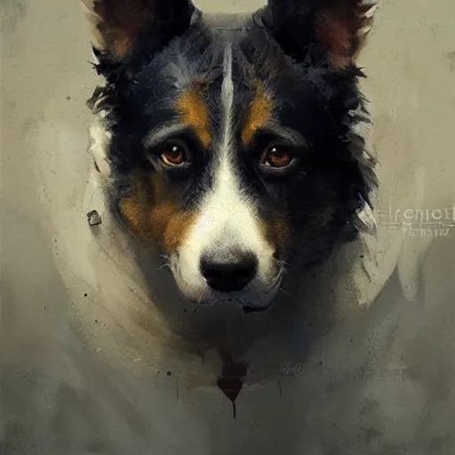 Image similar to a painting of a dog, greg rutkowski, cinematic lighting, hyper realistic painting