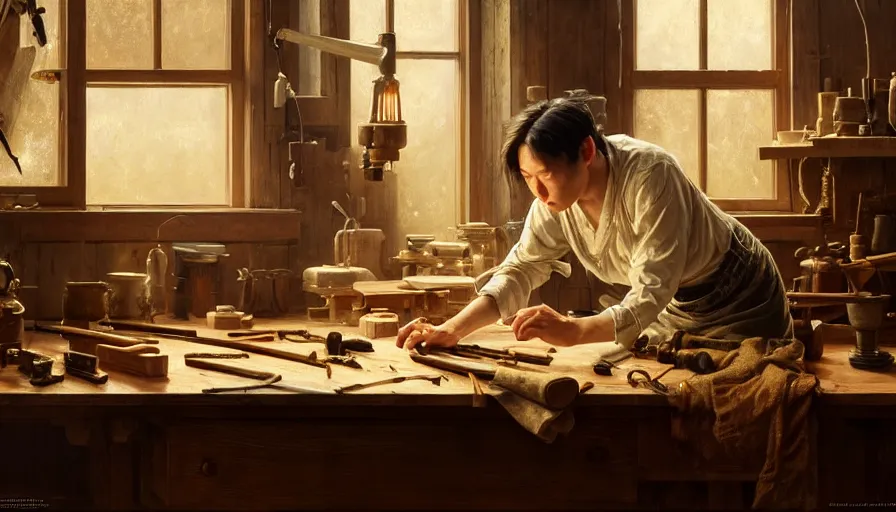 Image similar to highly detailed oil painting | very intricate | cinematic lighting | award - winning | craftsman | building a piece of furniture in their well organized clean workshop | beautiful cinematic light, american romanticism, by huang guangjian, gil elvgren, ruan jia, randy vargas, greg rutkowski, artstation, cgsociety, official art, octane