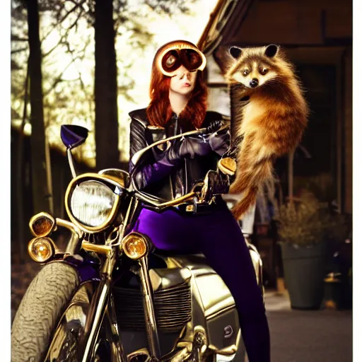 Prompt: a high - fashion photo of a slender beautiful woman with straight ginger hair and bangs, wearing purple leathers and gold helmet, posing with large ginger tabby and raccoon on a motorcycle in front yard, holding coffee mug and toasted brioche bun, fashion photography, dramatic lighting, 8 5 mm lens