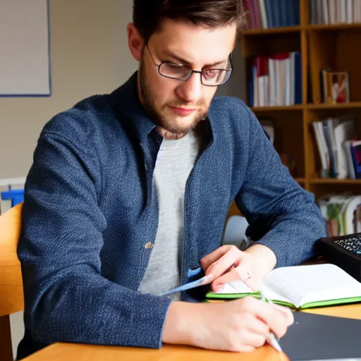 Prompt: photo of man doing homework