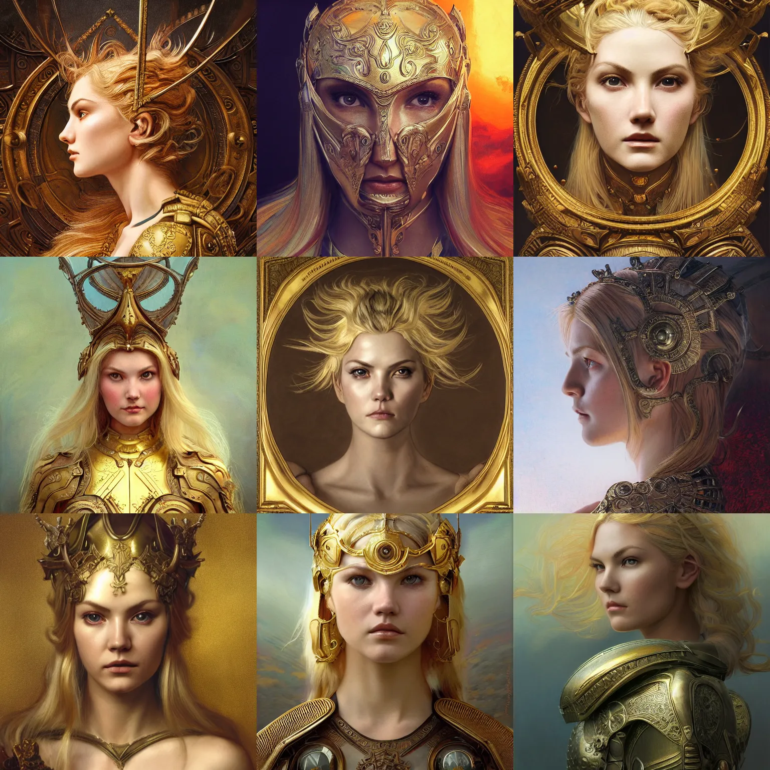 Prompt: masterpiece head-on symmetrical centered painted portrait, Elisha Cuthbert as a paladin, blonde hair, golden halo, ornate iron armour, elegant, distant, in the style of Edgar Maxence and Ross Tran and Zdzisław Beksiński and Michael Whelan and Mucha and gustav dore and H.R. Giger, 8k, octane render