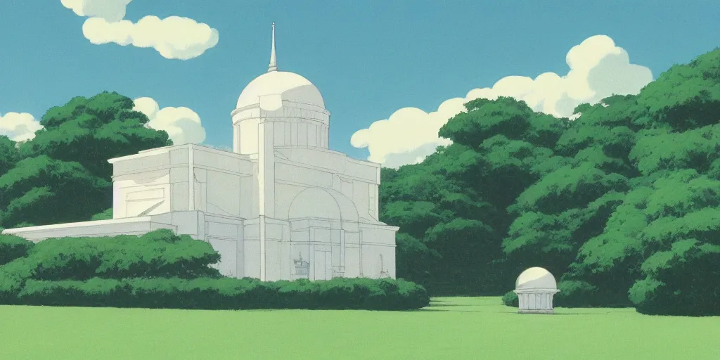 Image similar to A mysterious and godly domed white building in a city park, by Studio Ghibli and Edward Hopper