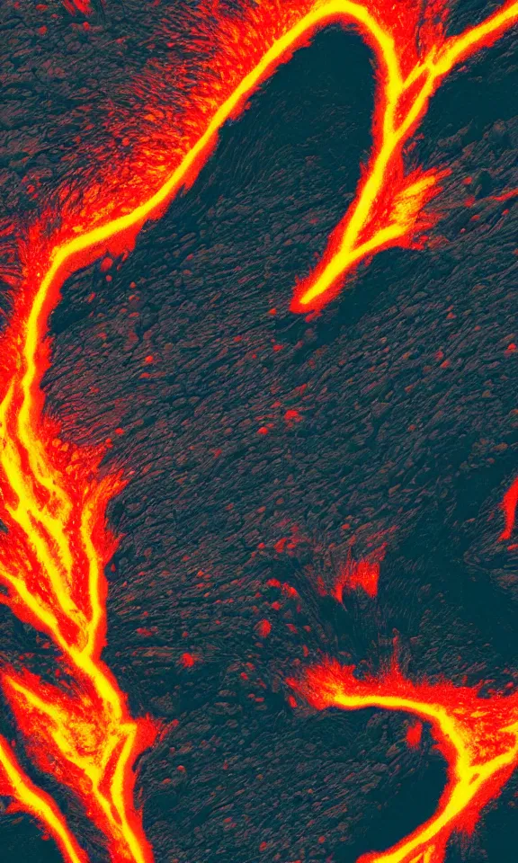 Prompt: a volcano and lava flowing through valleys, flat 2d glitch art, high contrast cyberpunk palette, hd phone wallpaper