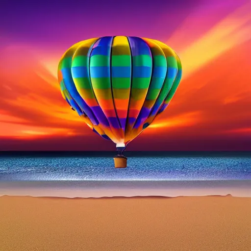 Image similar to a hot air balloon floats over a beach at violet sunset, whimsical art style