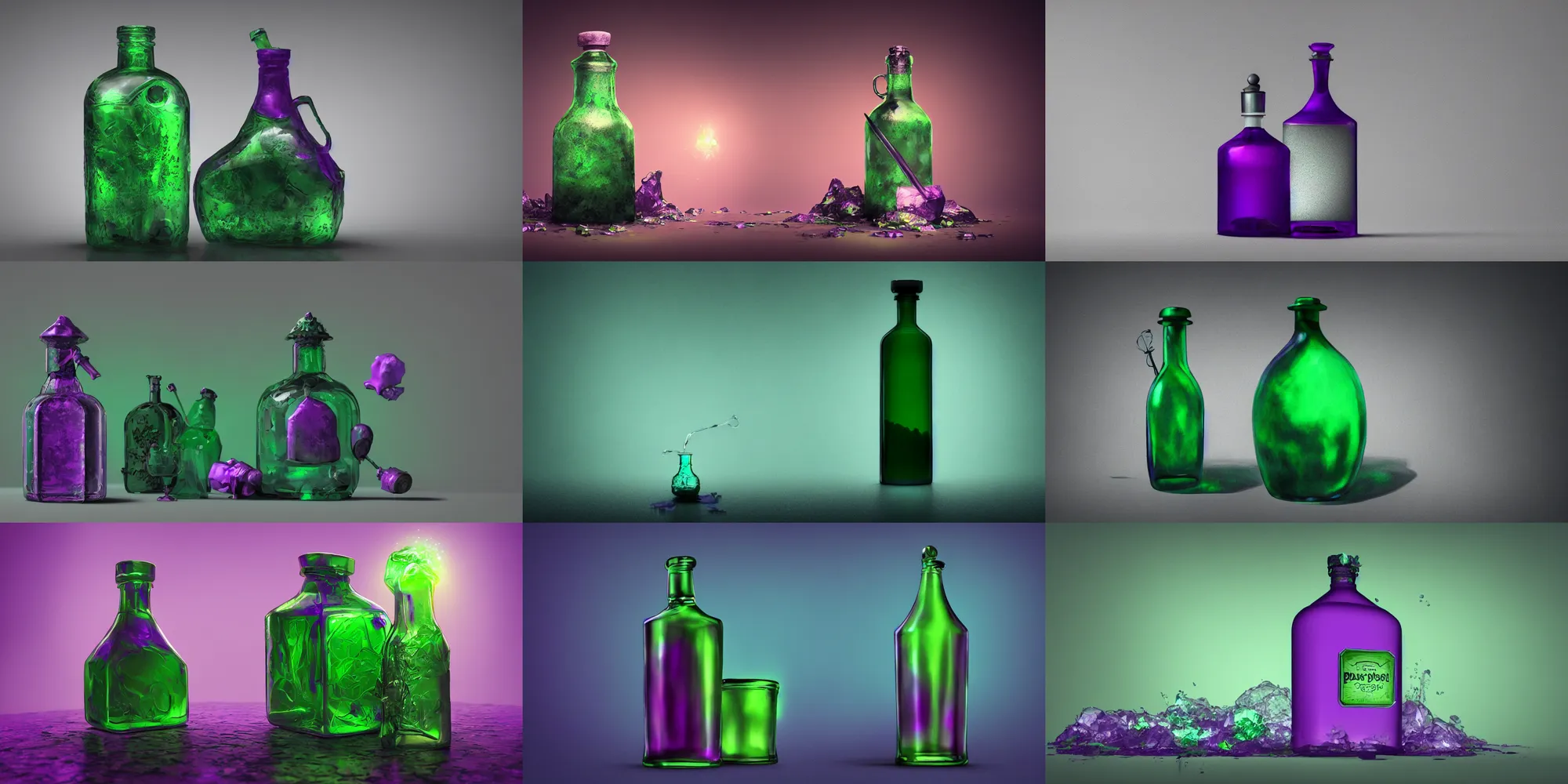 Prompt: one magical bottle with green poison on the dark-violet background, precise, storybook, digital painting, octane render, masterpiece